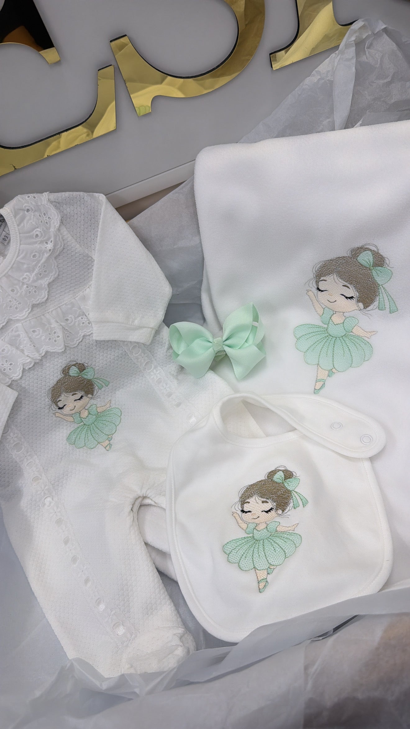 Lace ballerina set in mint: baby grow, bib, head bow & blanket