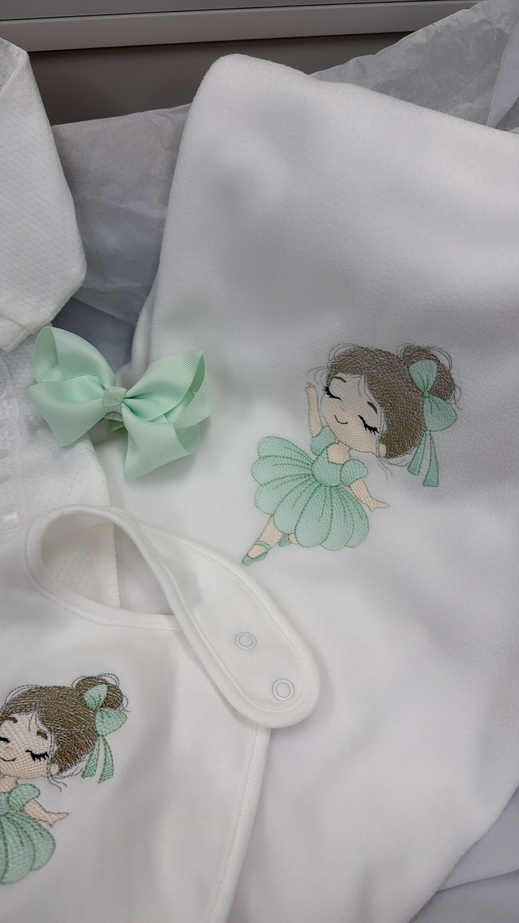 Lace ballerina set in mint: baby grow, bib, head bow & blanket