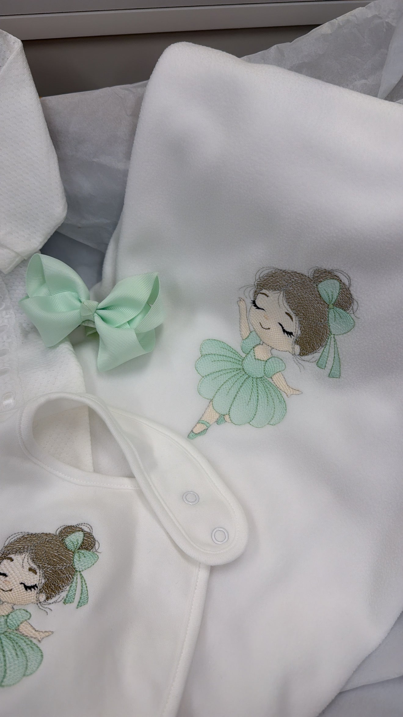 Lace ballerina set in mint: baby grow, bib, head bow & blanket