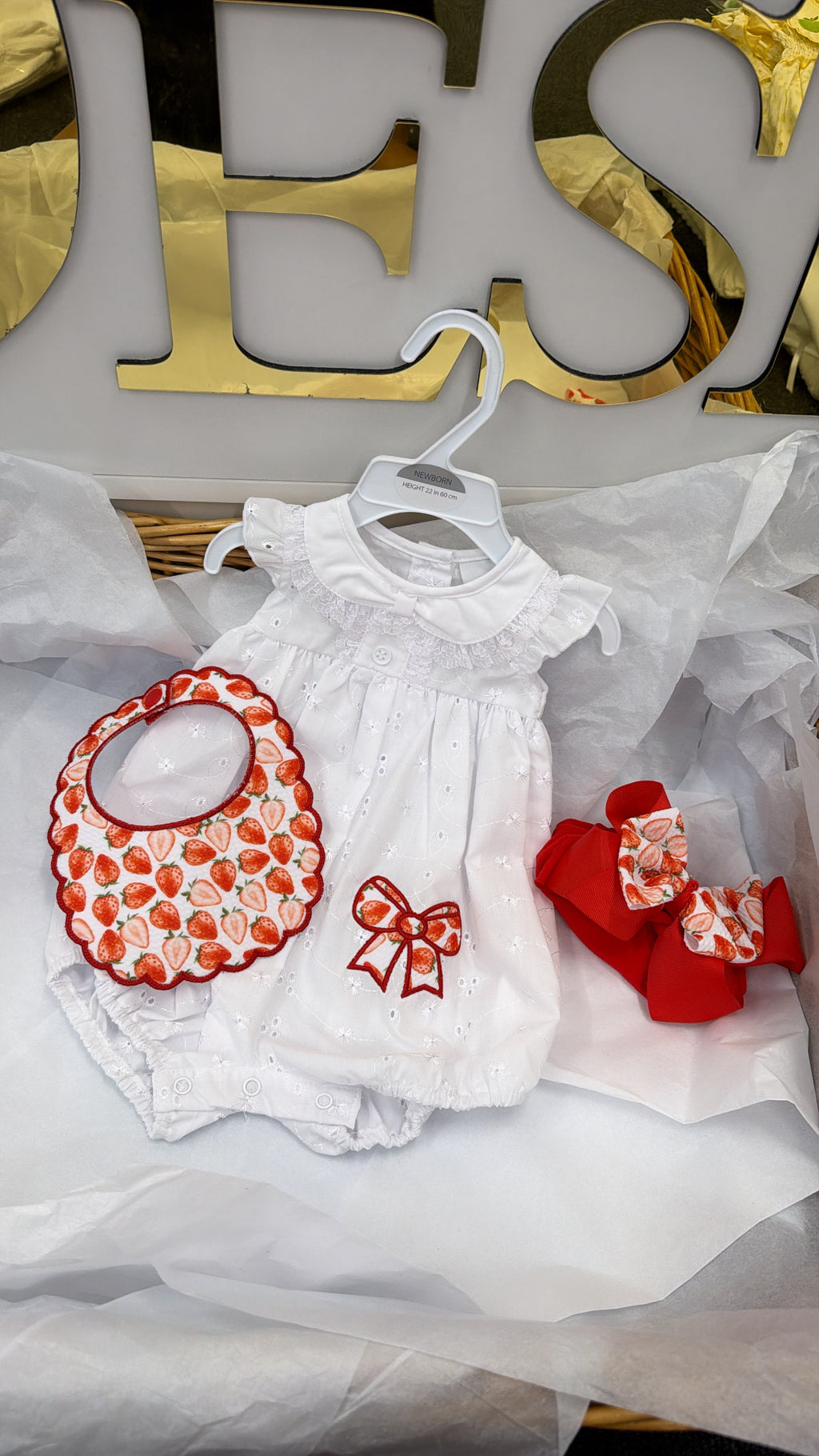 Strawberry bow romper, bib & headband
