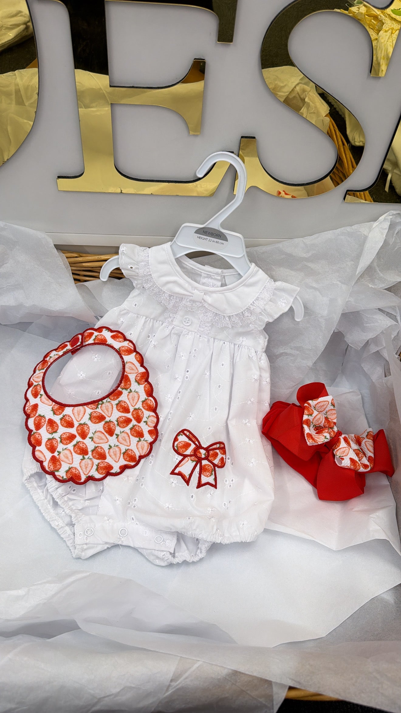 Strawberry bow romper, bib & headband