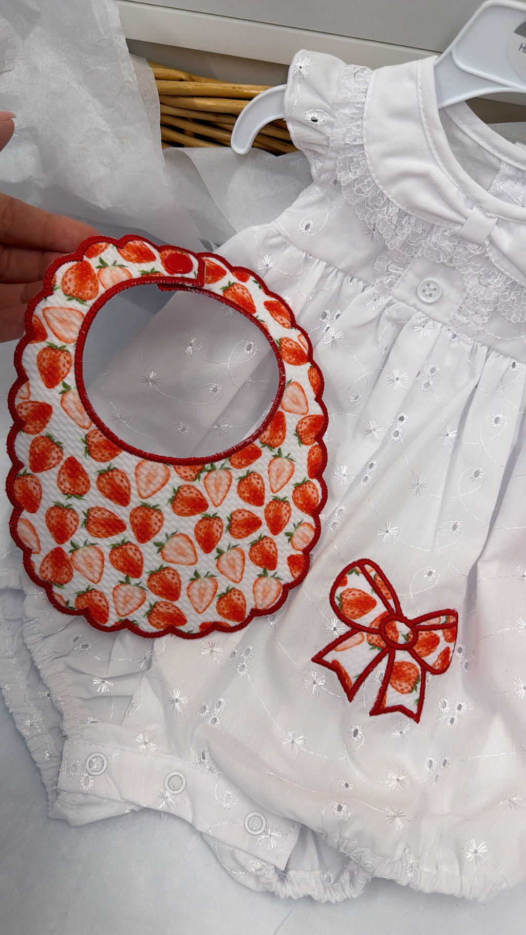Strawberry bow romper, bib & headband