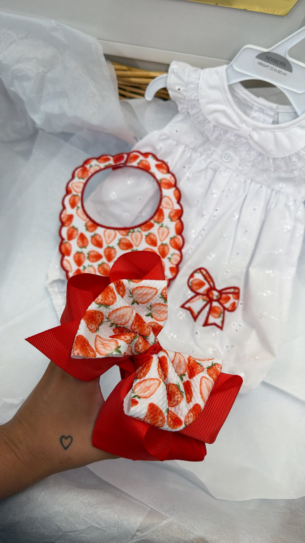 Strawberry bow romper, bib & headband