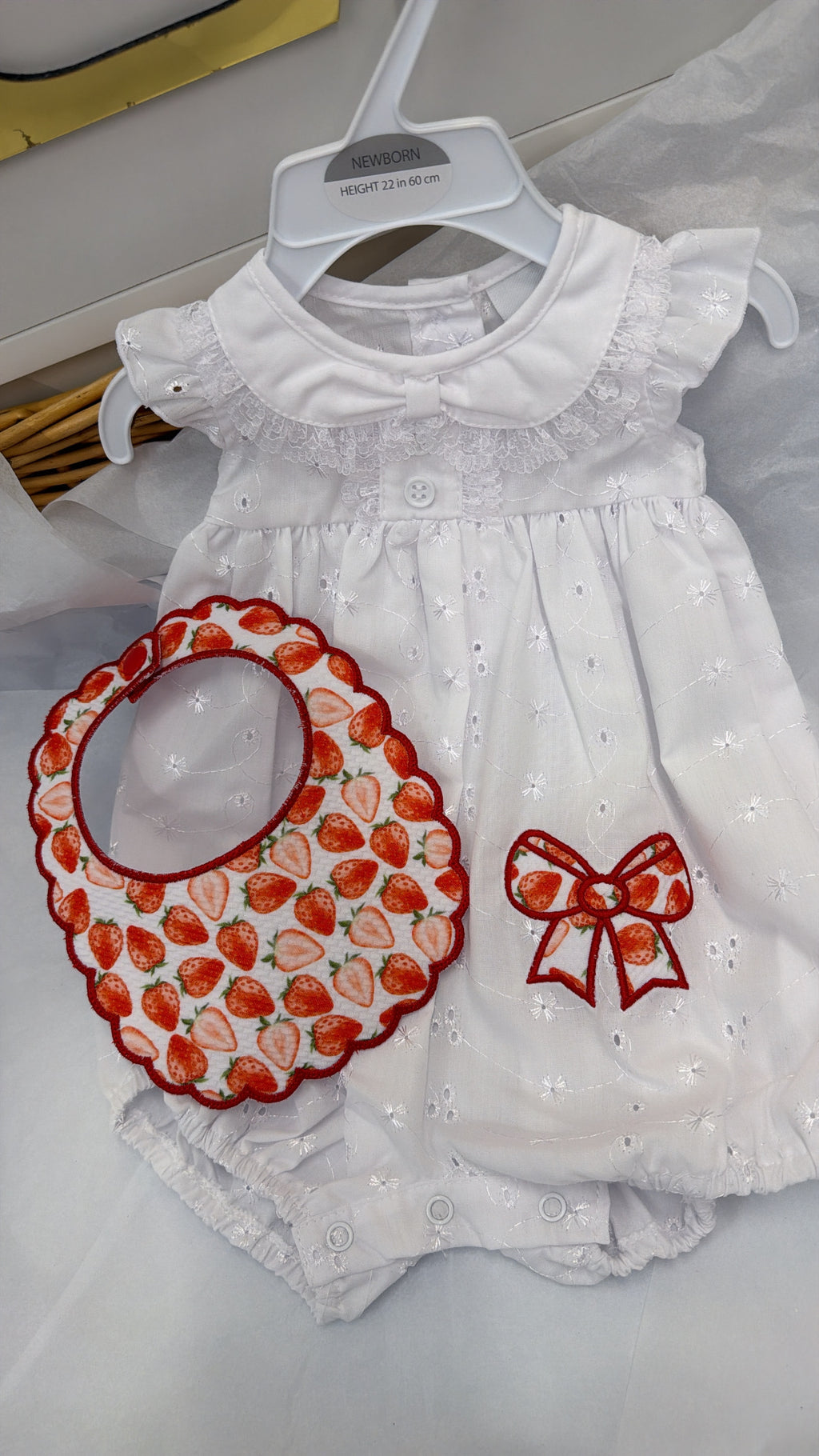Strawberry bow romper, bib & headband