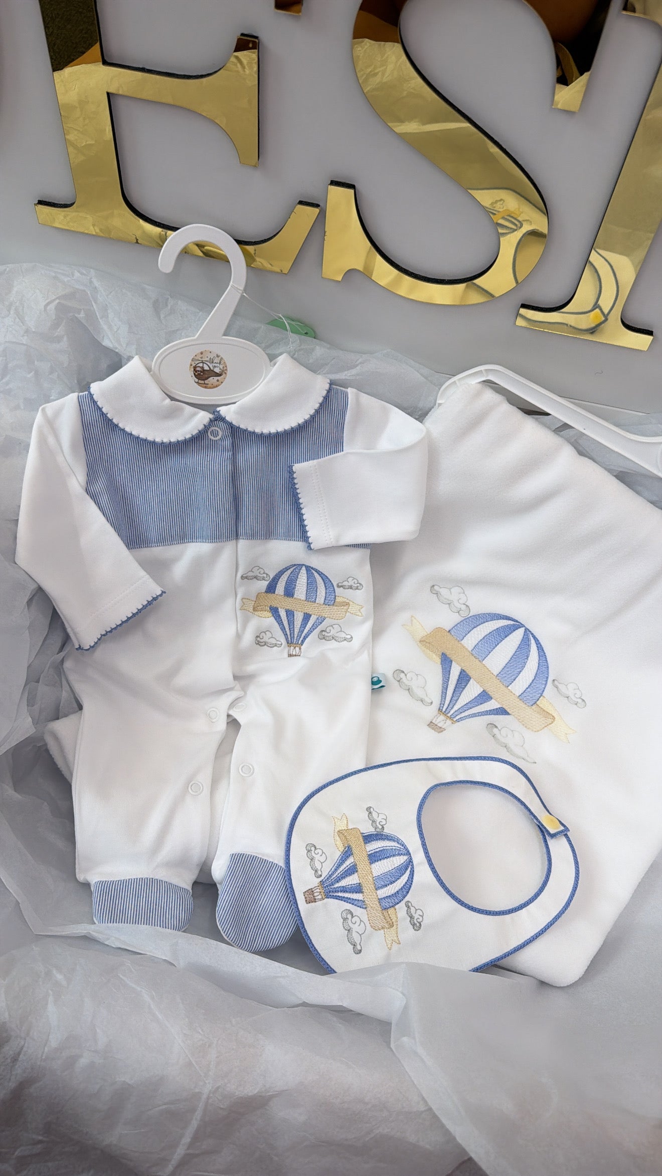 Hot air balloon babygrow&bib blanket sold separately