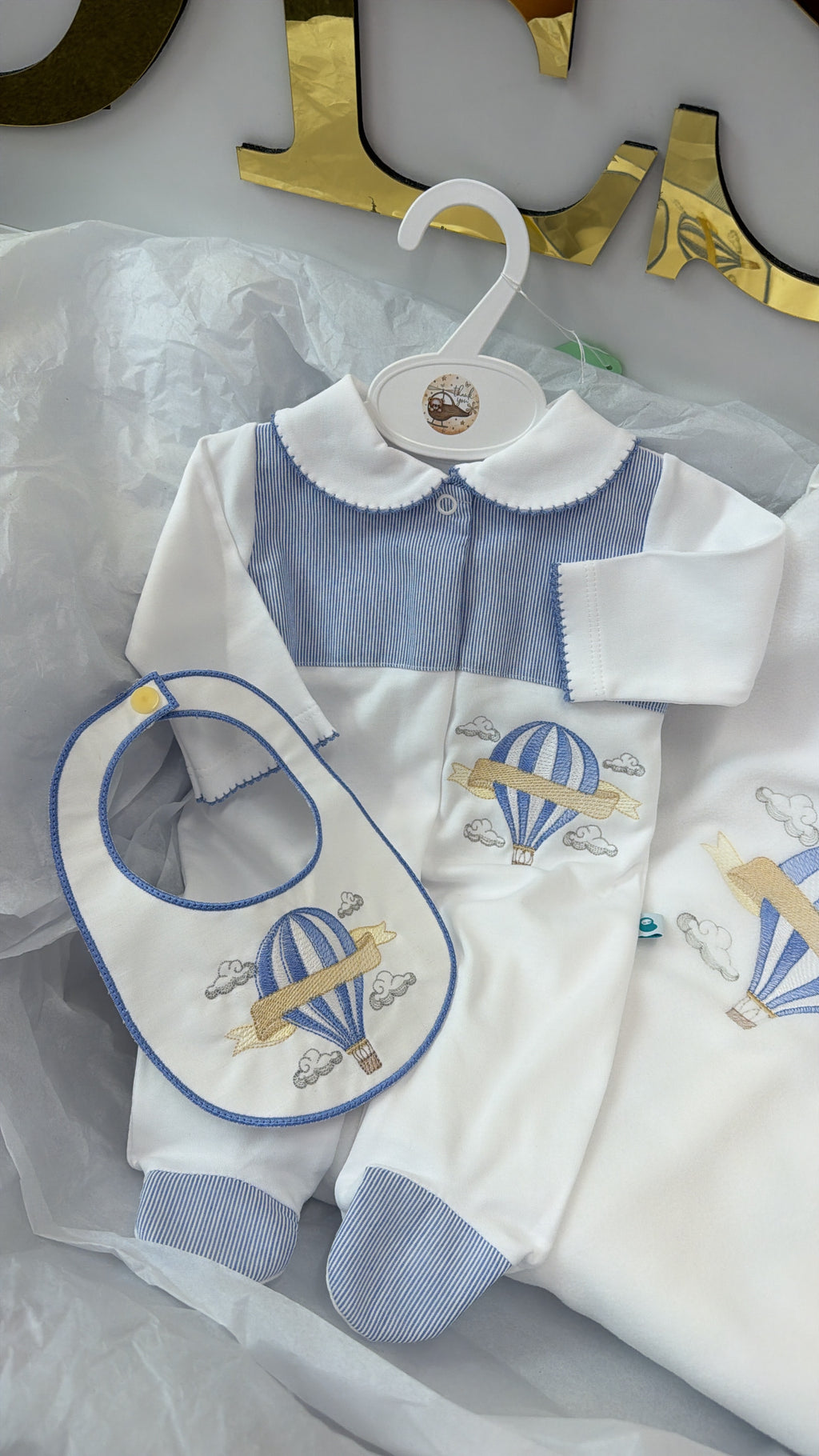 Hot air balloon babygrow&bib blanket sold separately
