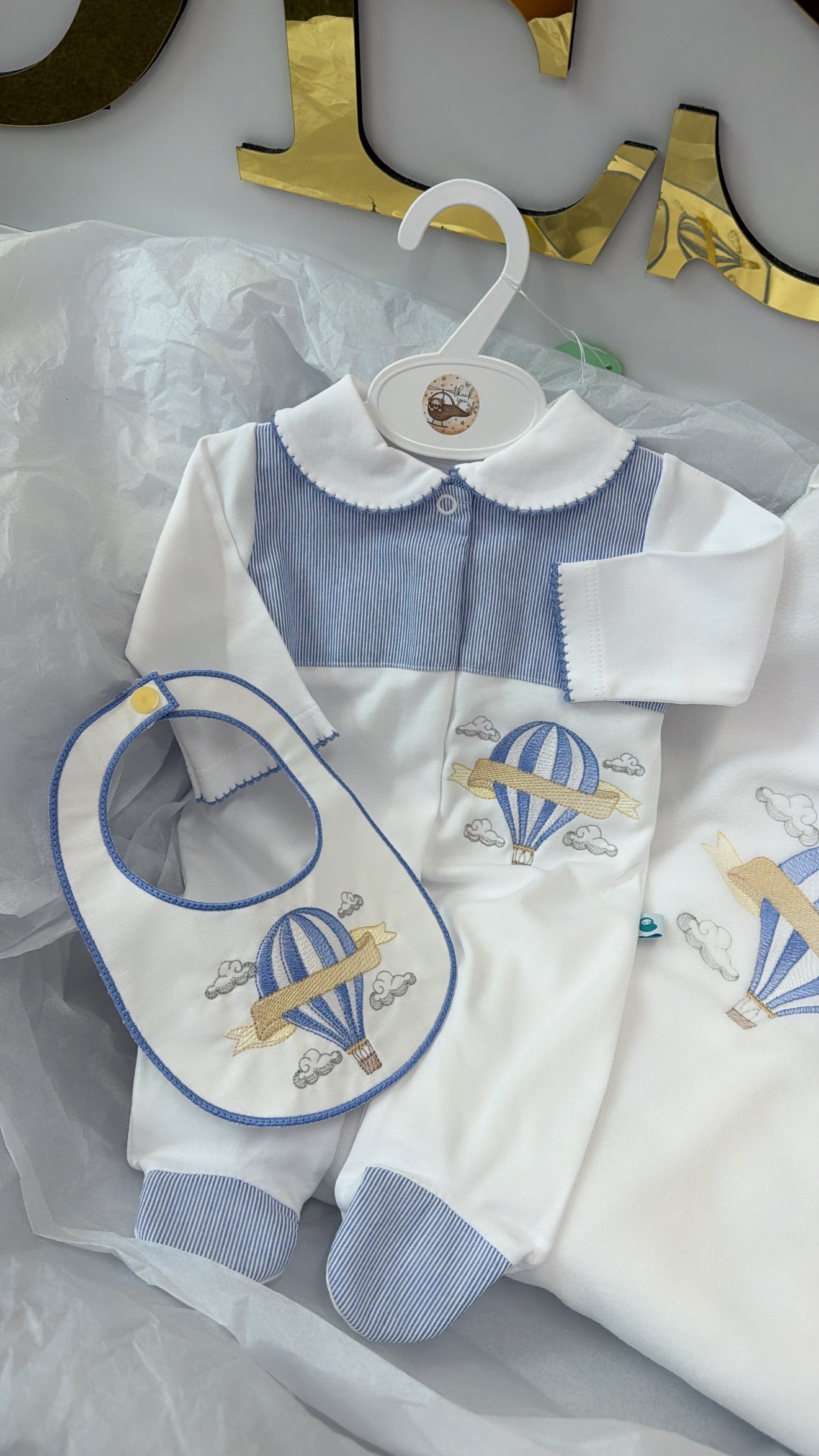 Hot air balloon babygrow&bib blanket sold separately