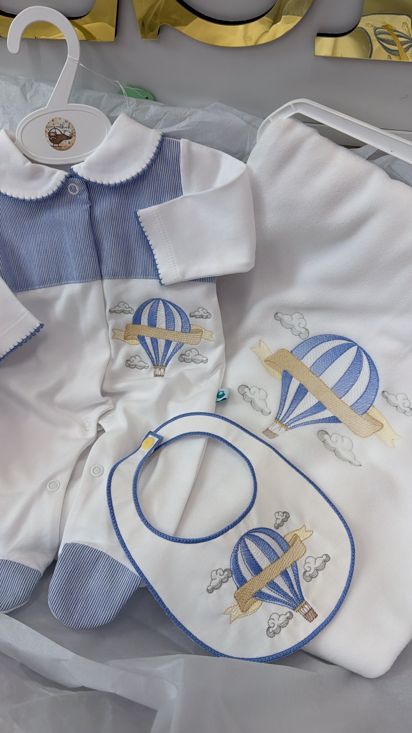Hot air balloon babygrow&bib blanket sold separately