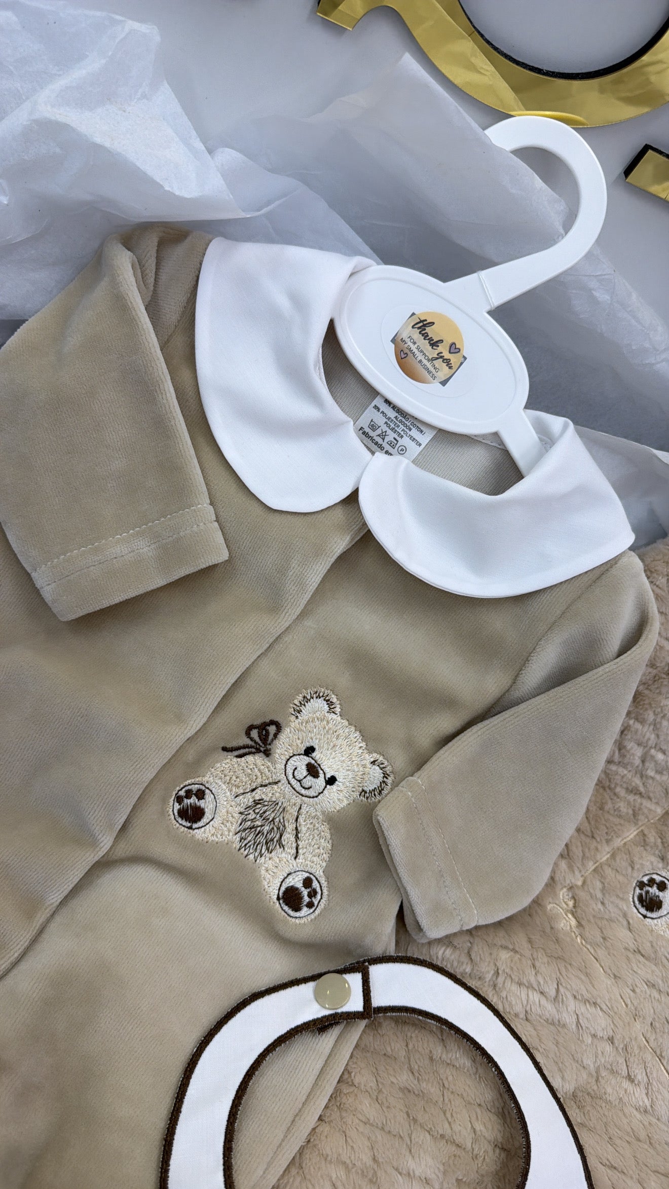 Beige bear babygrow&bib (blanket sold separately)