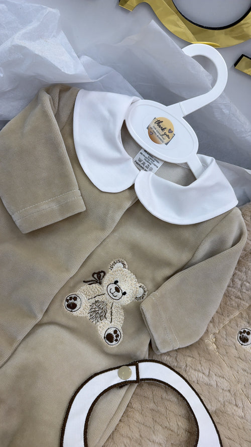 Beige bear babygrow&bib (blanket sold separately)