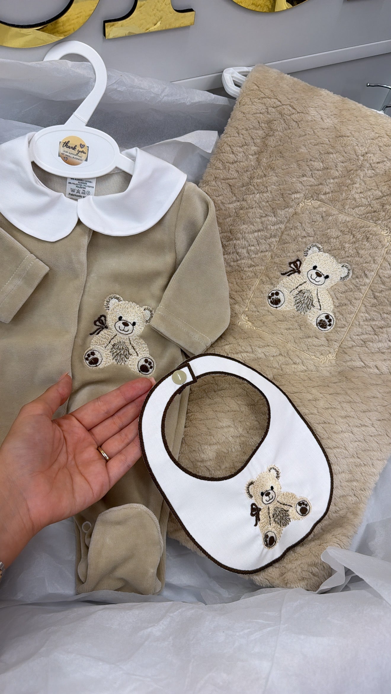 Beige bear babygrow&bib (blanket sold separately)