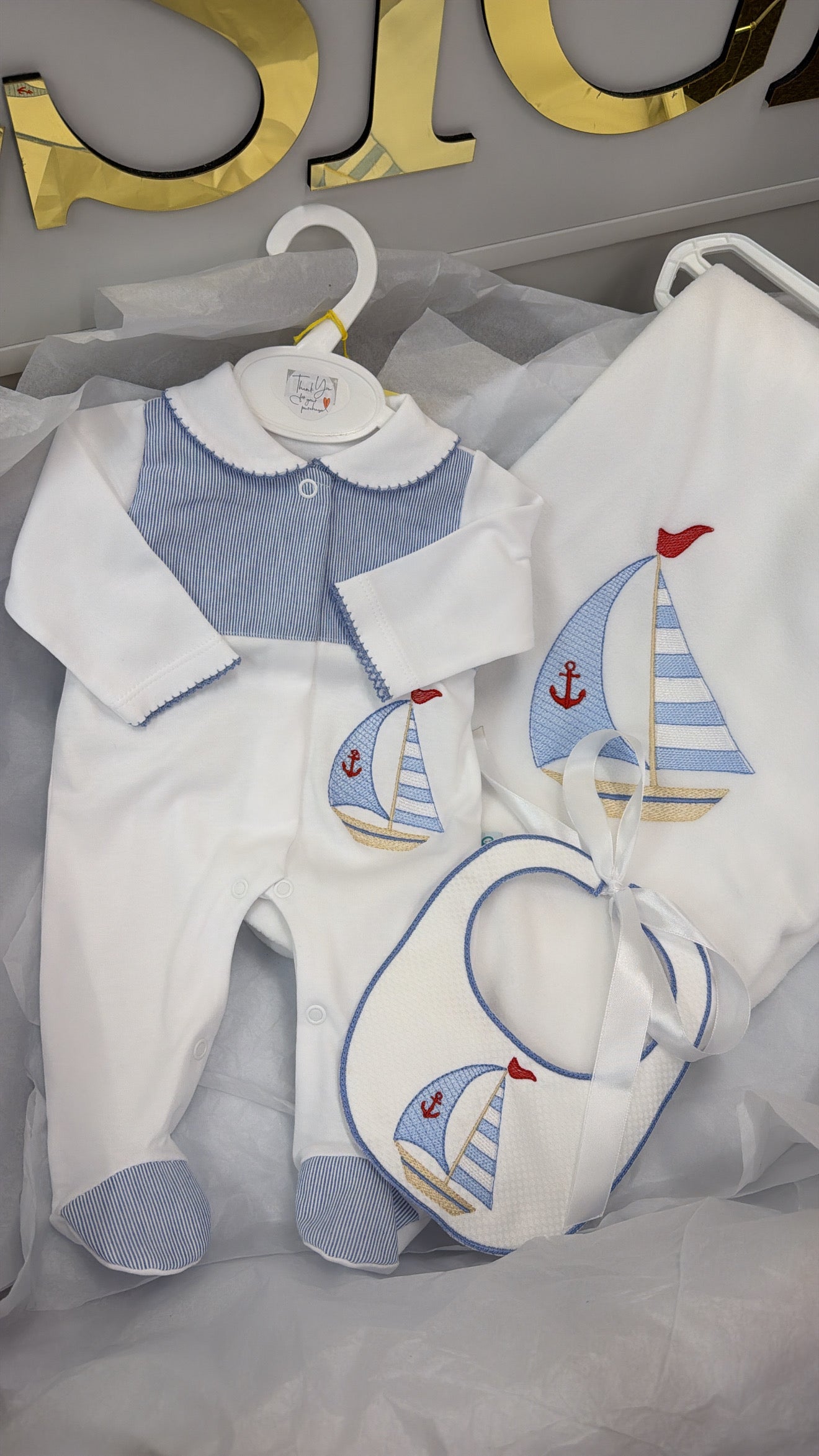 Sail boat babygrow & bib (blanket sold separately)
