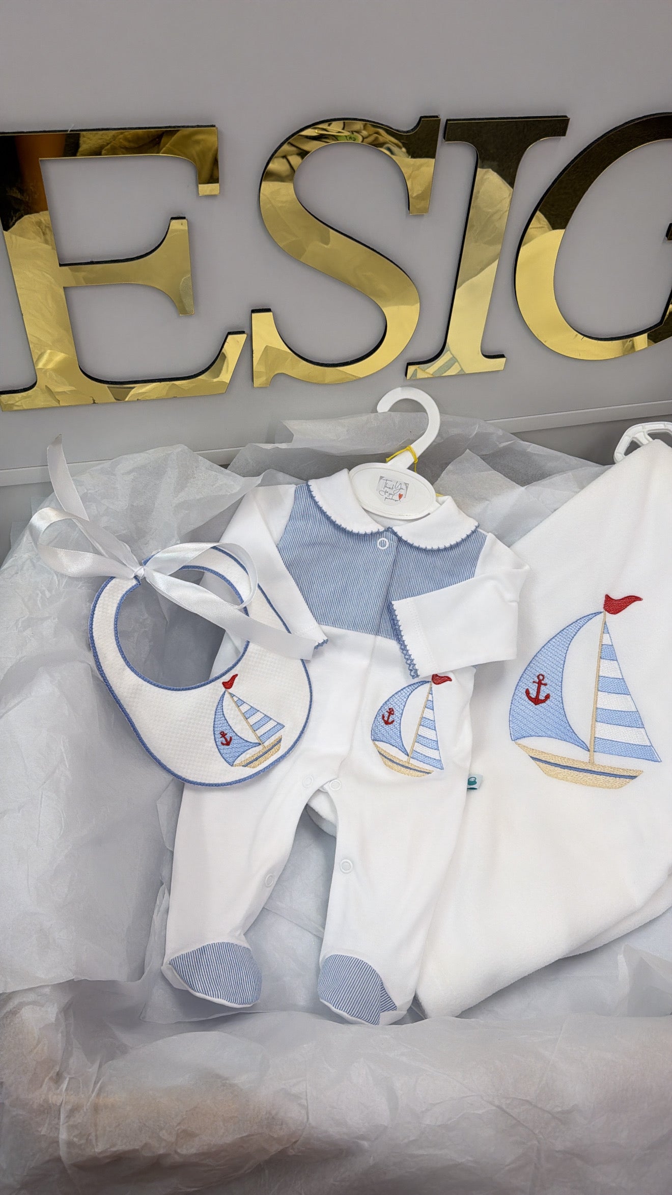 Sail boat babygrow & bib (blanket sold separately)
