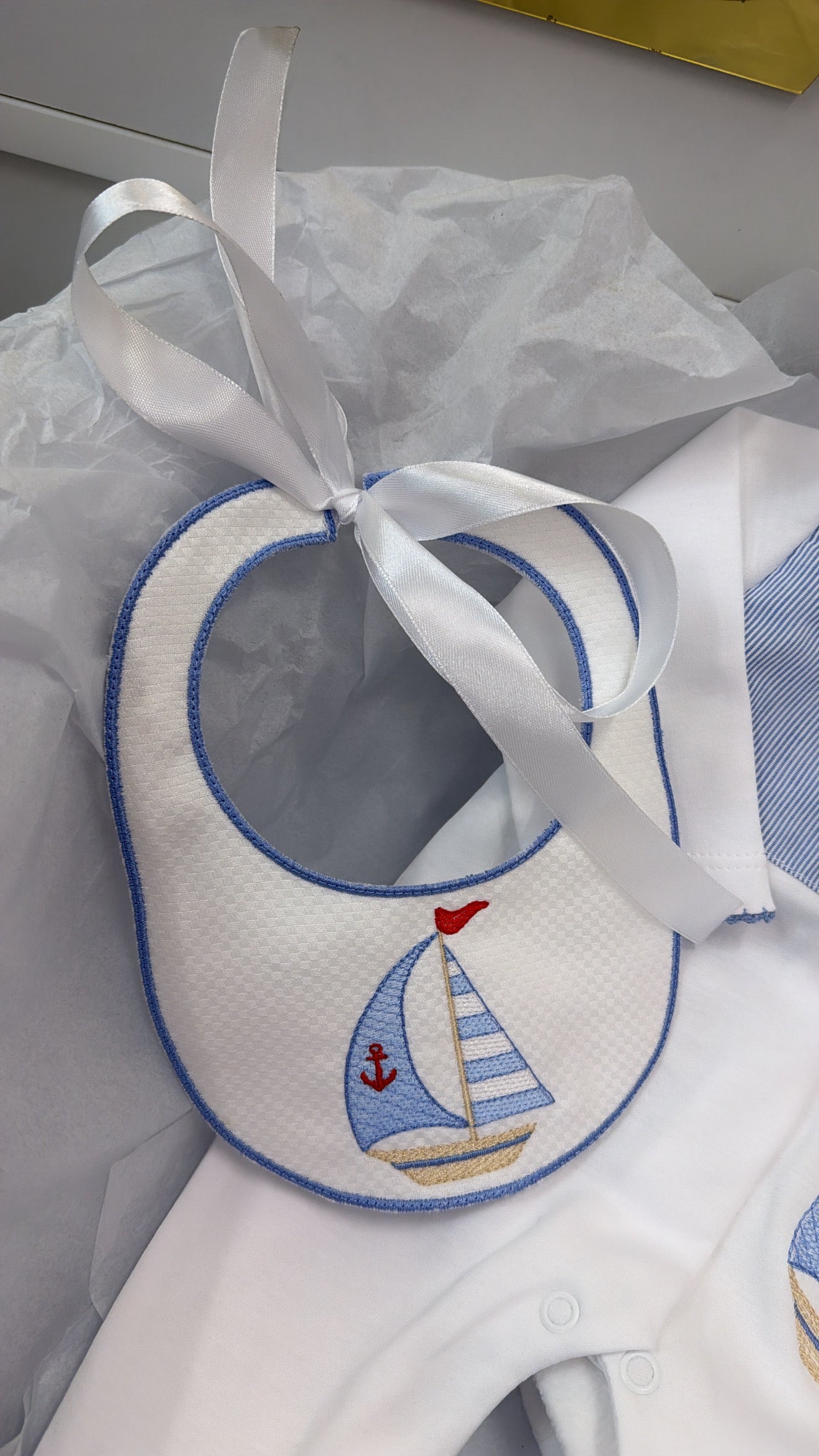 Sail boat babygrow & bib (blanket sold separately)