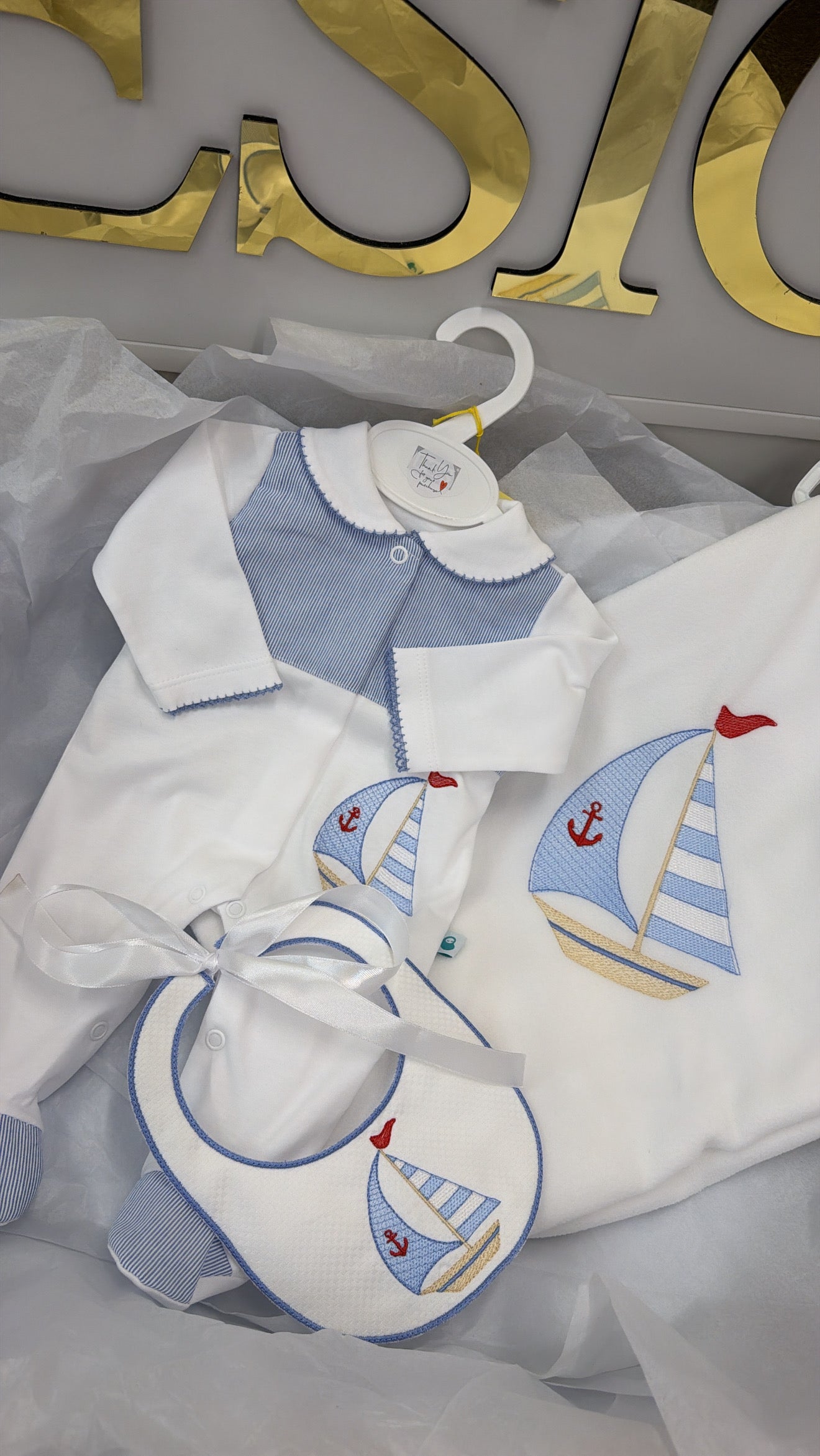 Sail boat babygrow & bib (blanket sold separately)