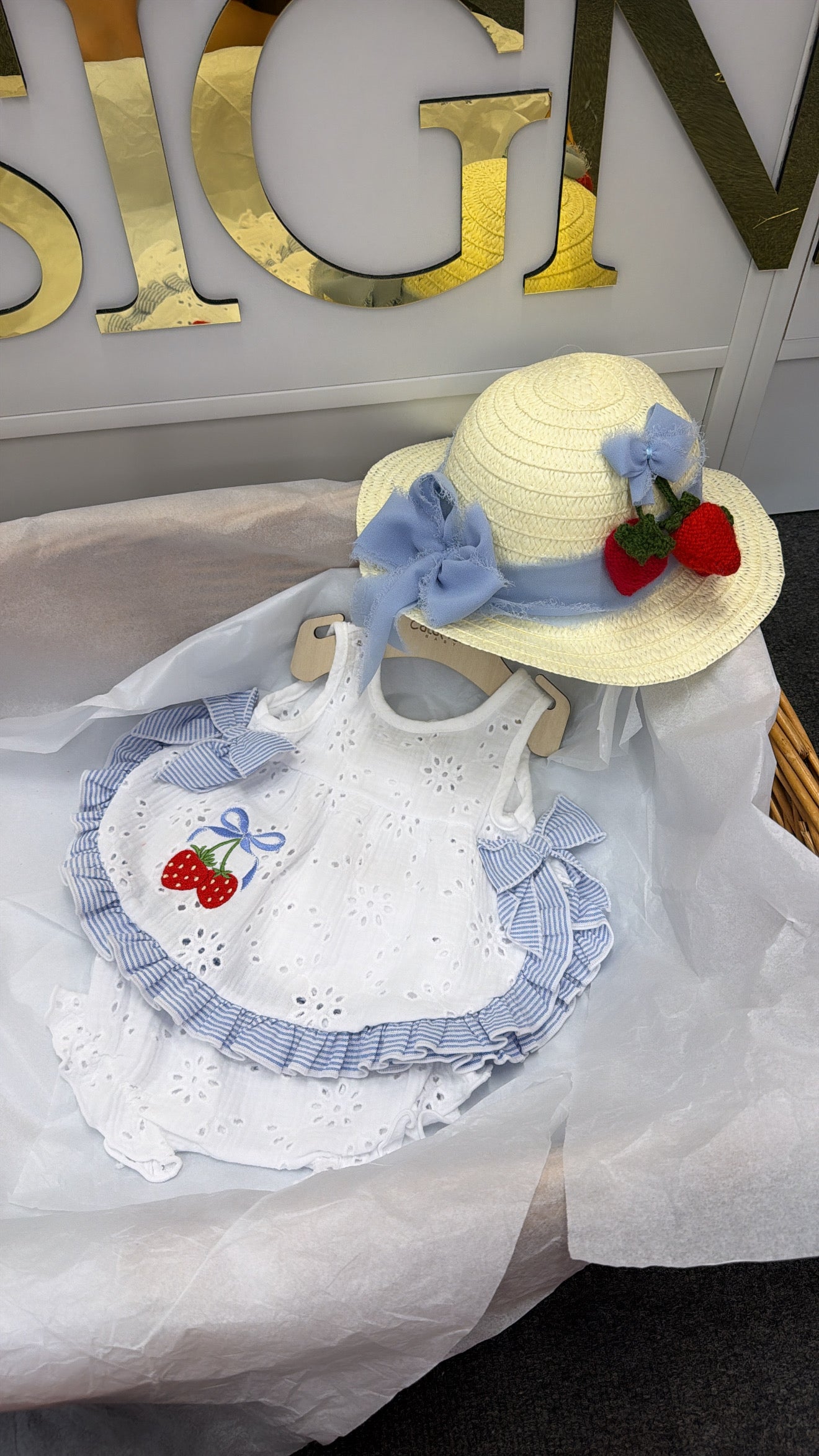 Strawberry blue stripe swing top and pant and hat