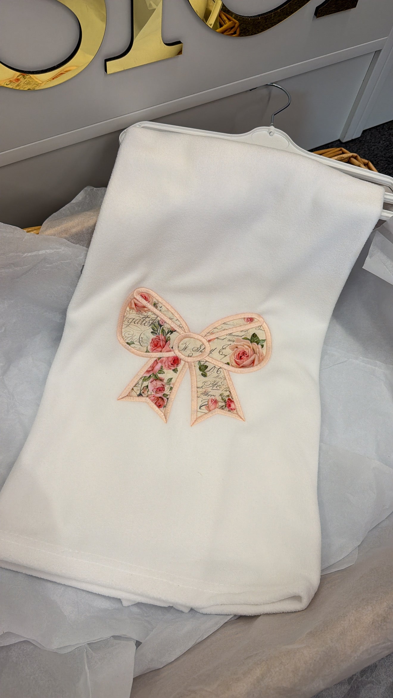 Rose bow velour babygrow and bib (blanket separately)