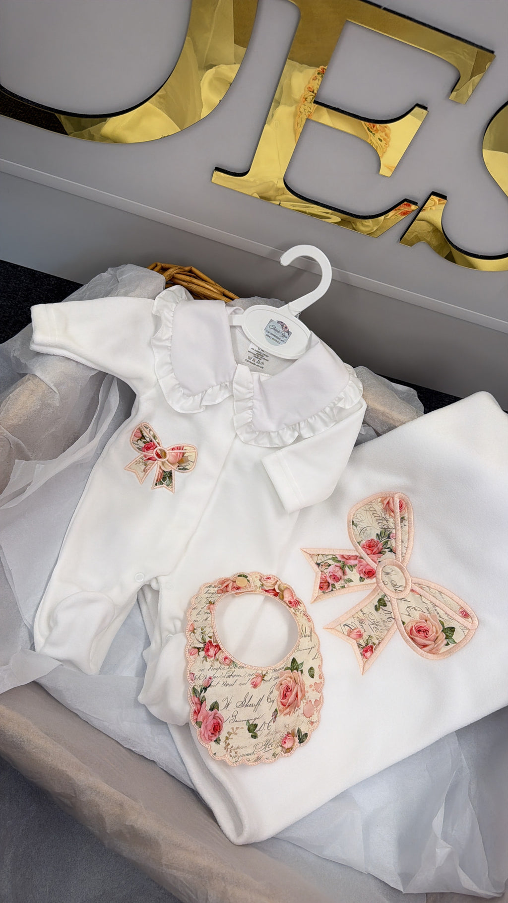 Rose bow velour babygrow and bib (blanket separately)