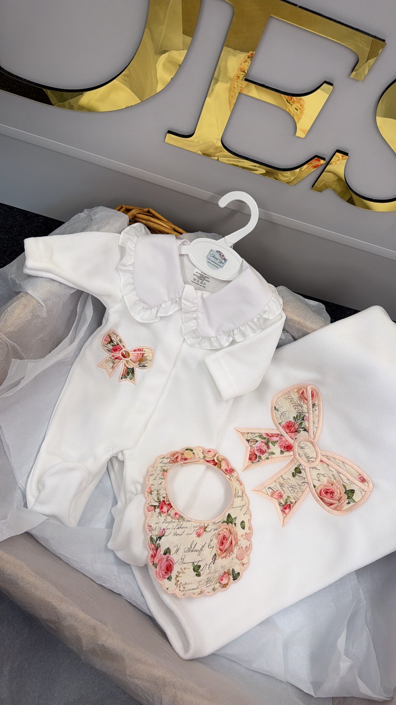 Rose bow velour babygrow and bib (blanket separately)