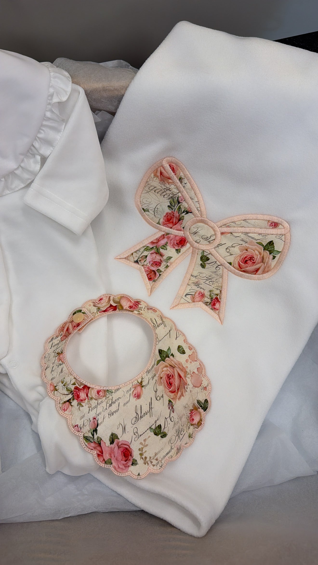 Rose bow velour babygrow and bib (blanket separately)
