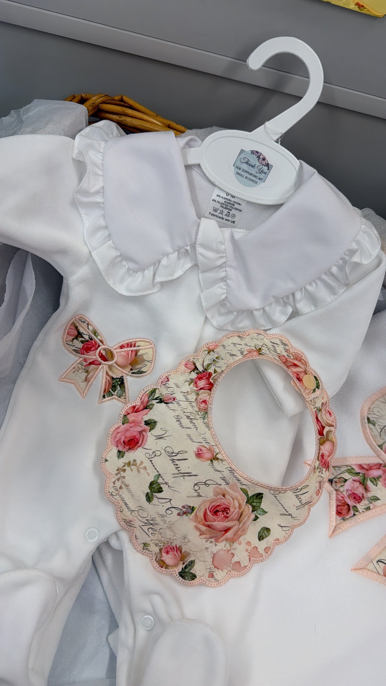 Rose bow velour babygrow and bib (blanket separately)