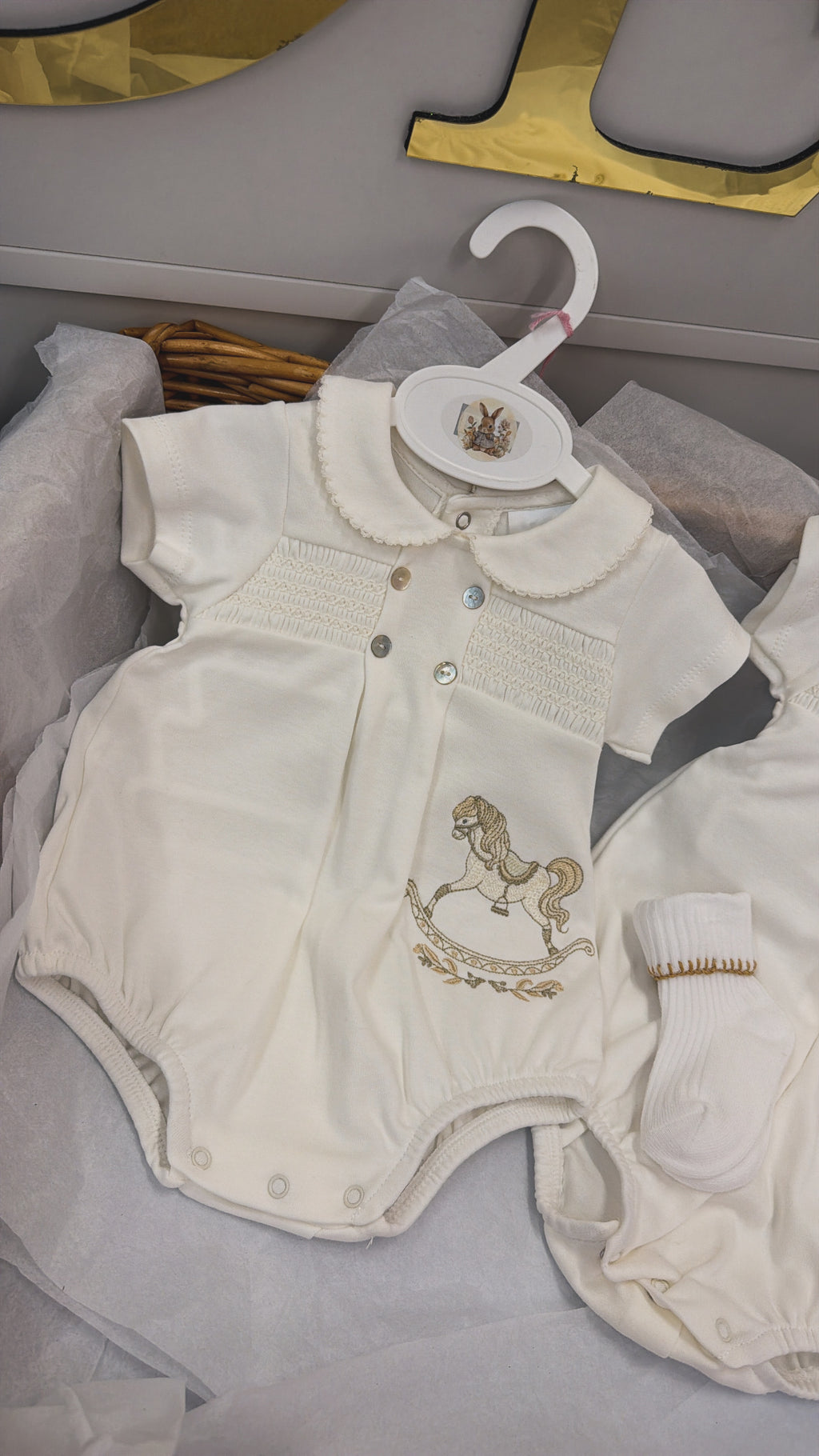 Rocking horse romper with socks ￼