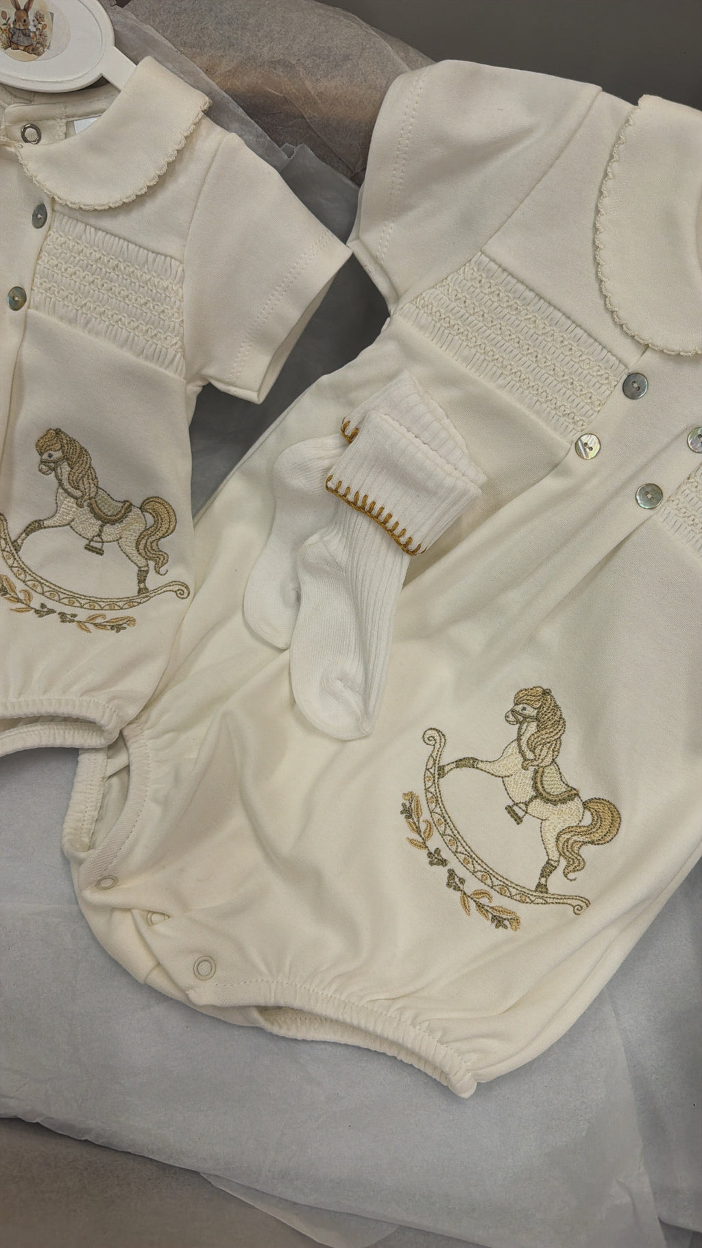 Rocking horse romper with socks ￼