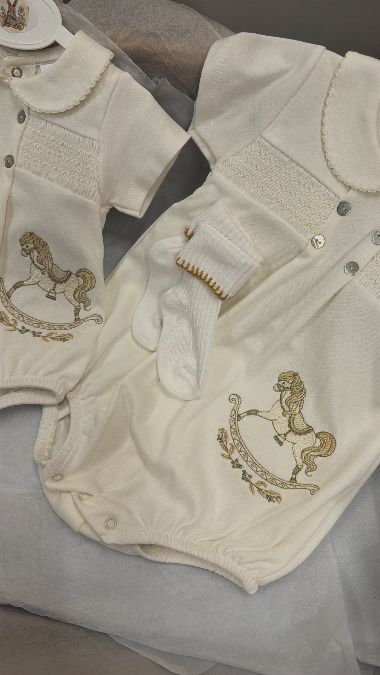 Rocking horse romper with socks ￼