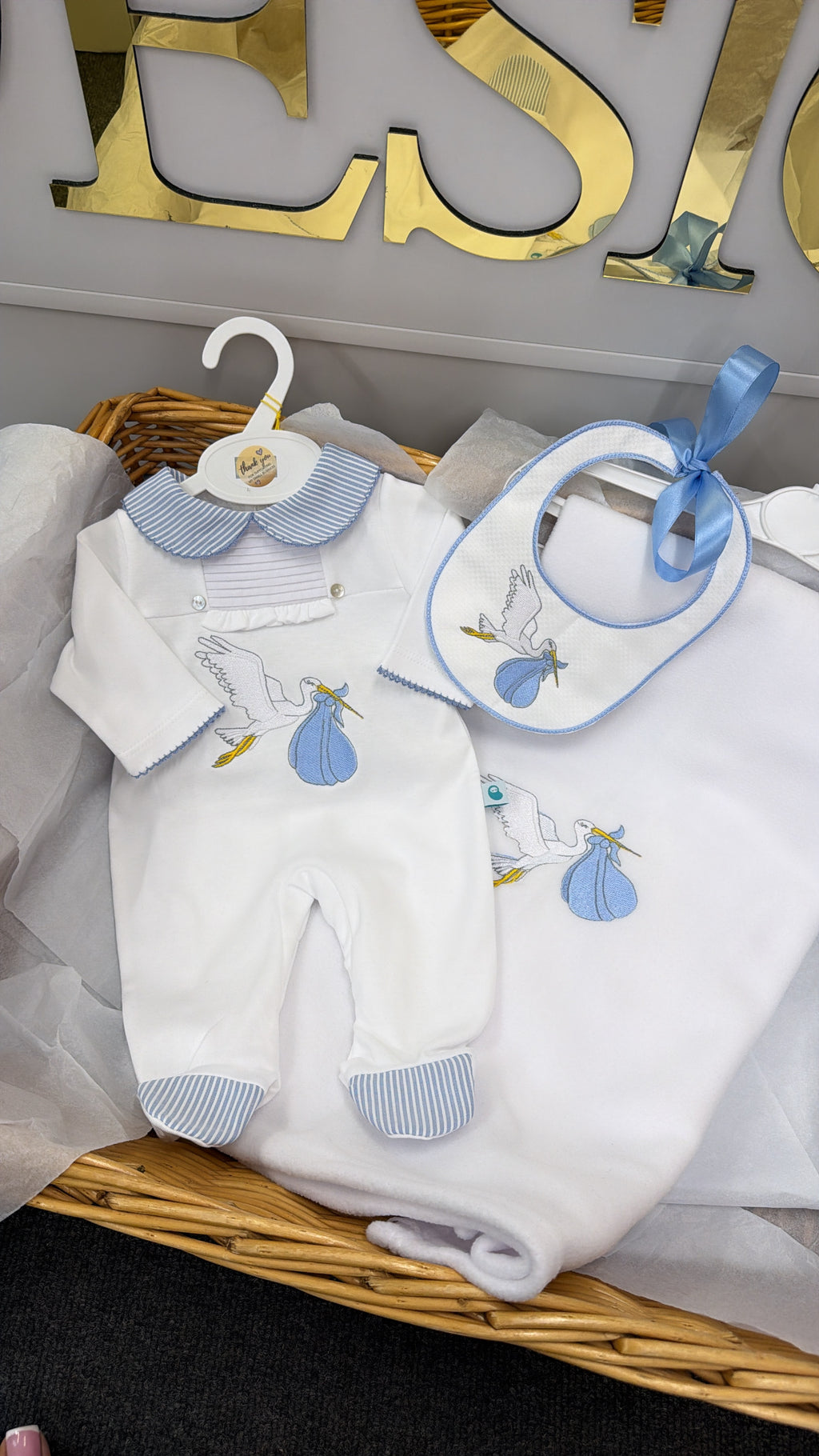 Blue stork babygrow&bib (blanket sold separately)