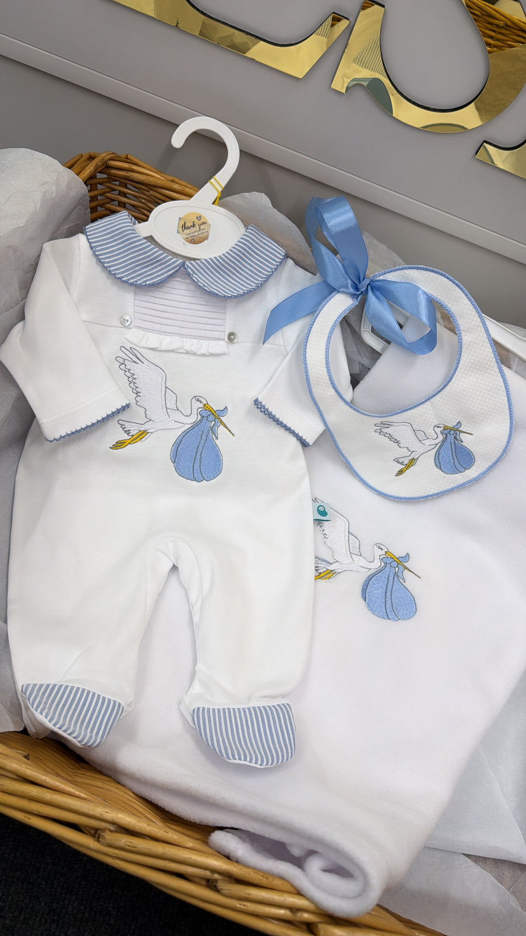 Blue stork babygrow&bib (blanket sold separately)