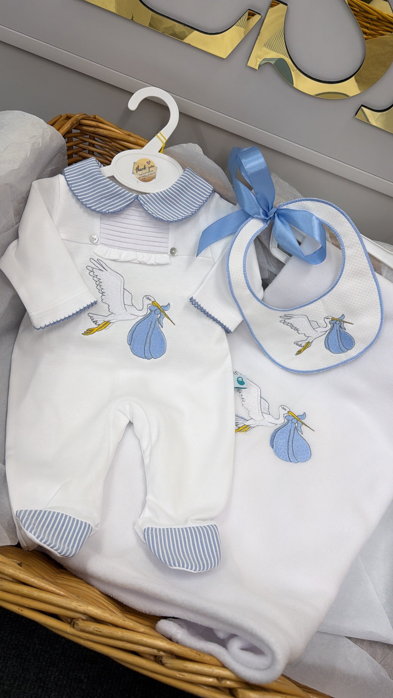 Blue stork babygrow&bib (blanket sold separately)