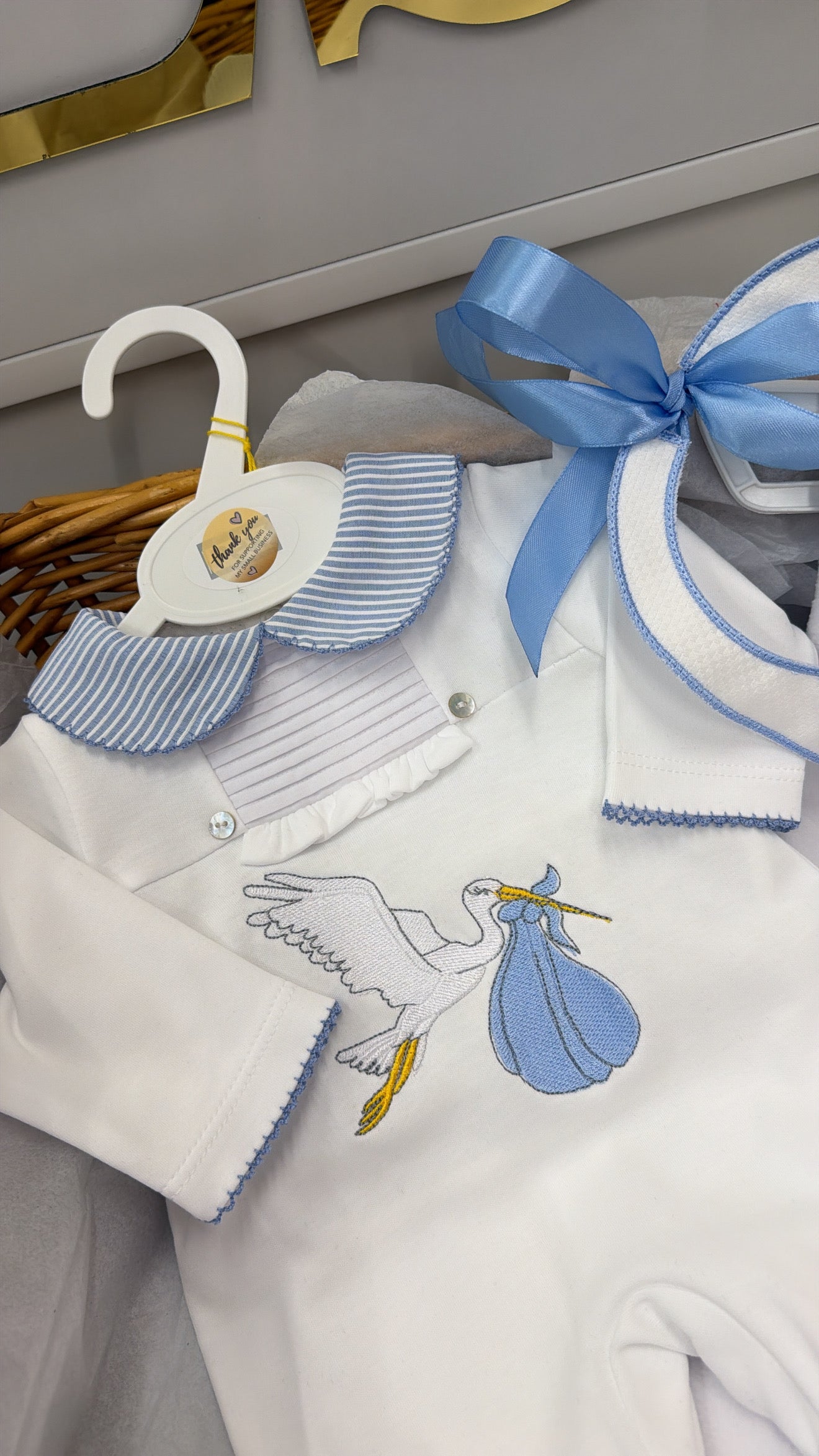 Blue stork babygrow&bib (blanket sold separately)