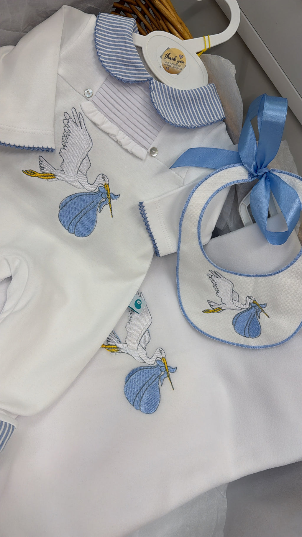 Blue stork babygrow&bib (blanket sold separately)