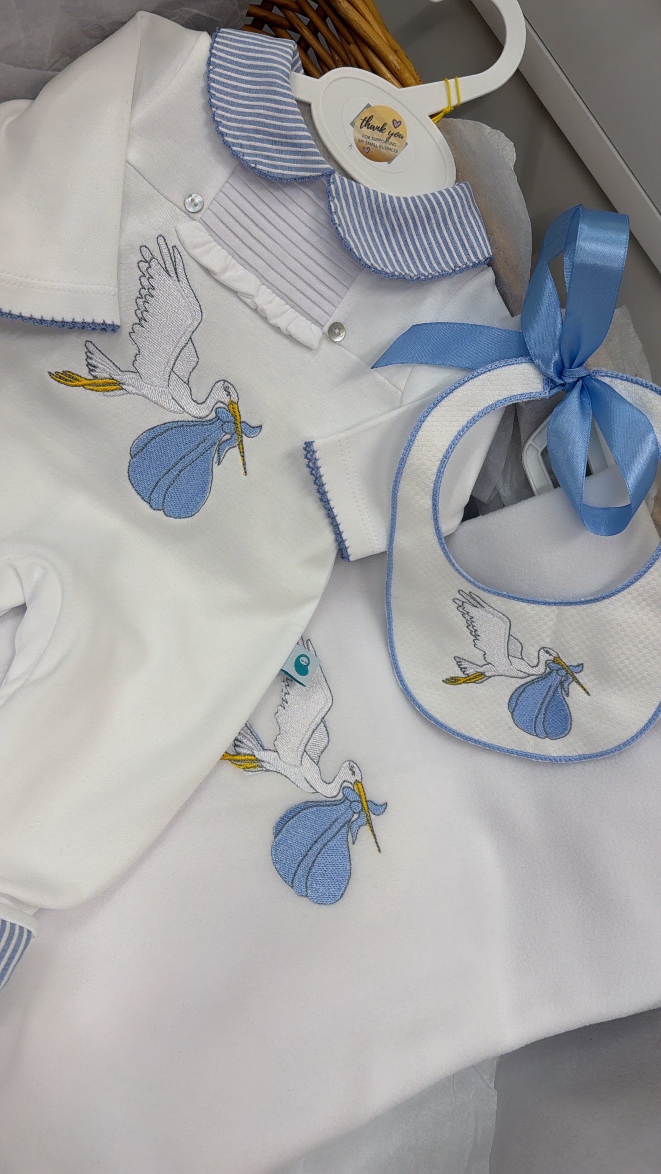 Blue stork babygrow&bib (blanket sold separately)