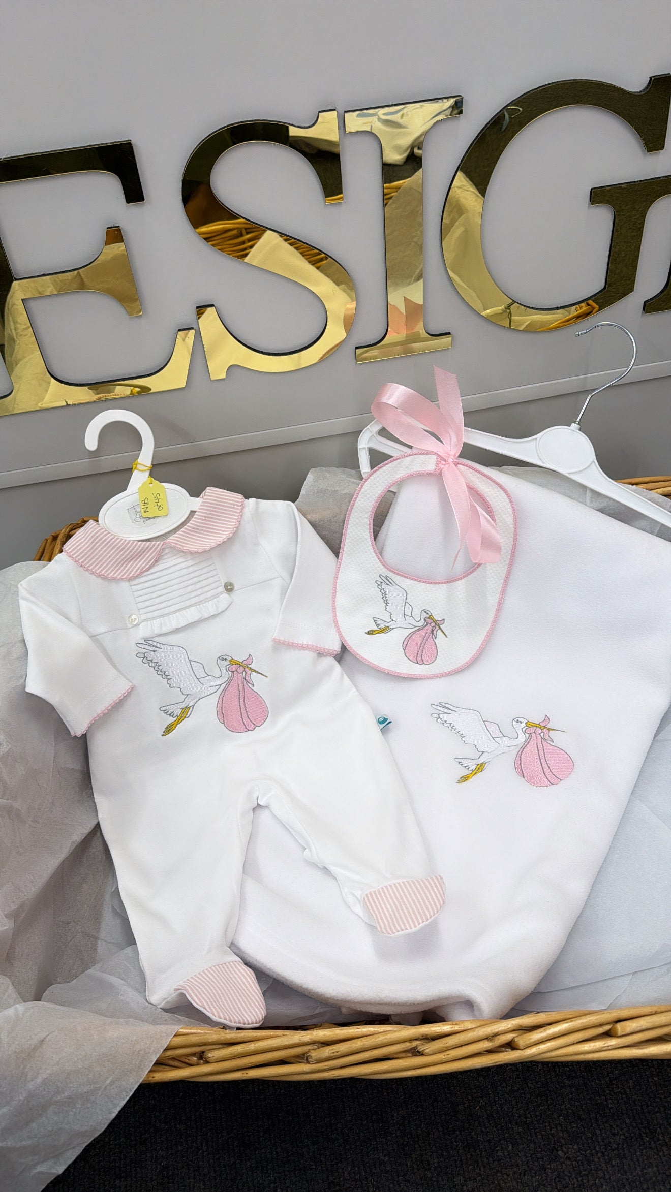 Pink stork babygrow&bib (blanket sold separately)