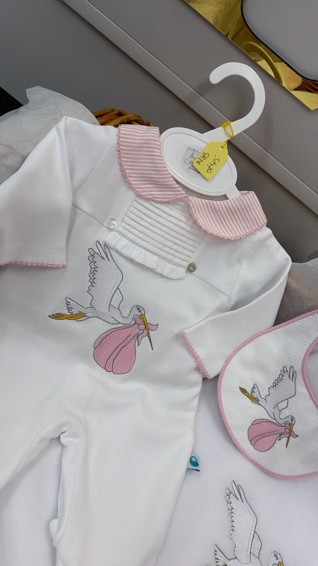Pink stork babygrow&bib (blanket sold separately)