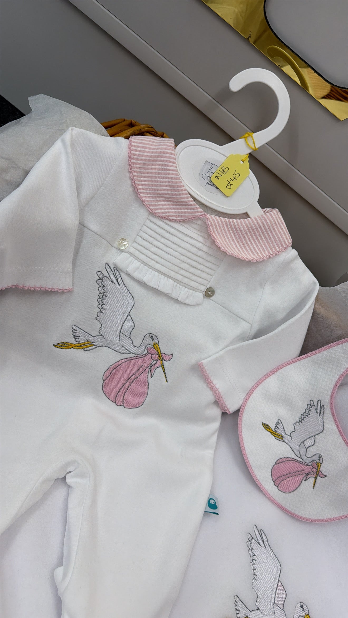 Pink stork babygrow&bib (blanket sold separately)