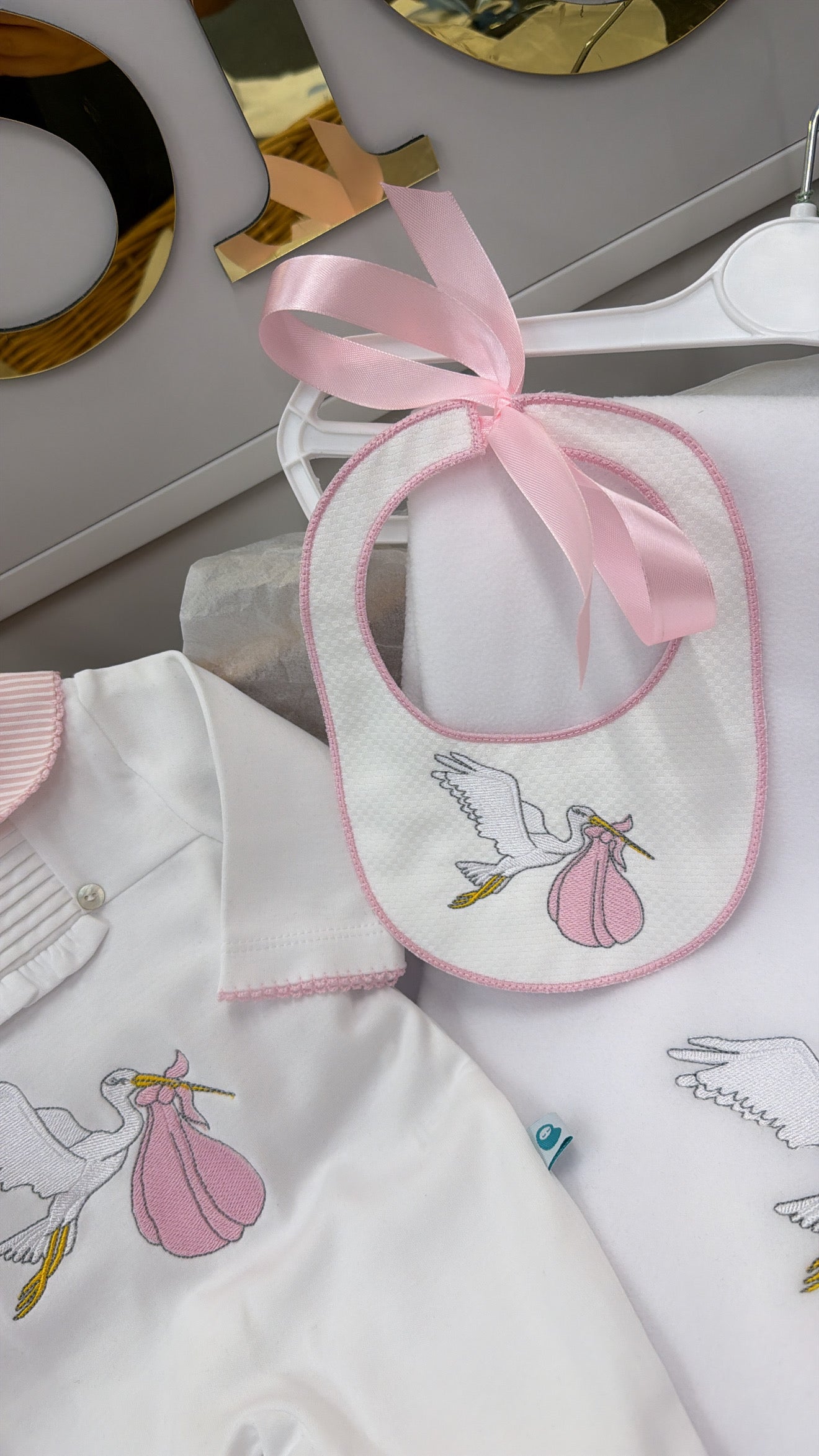 Pink stork babygrow&bib (blanket sold separately)