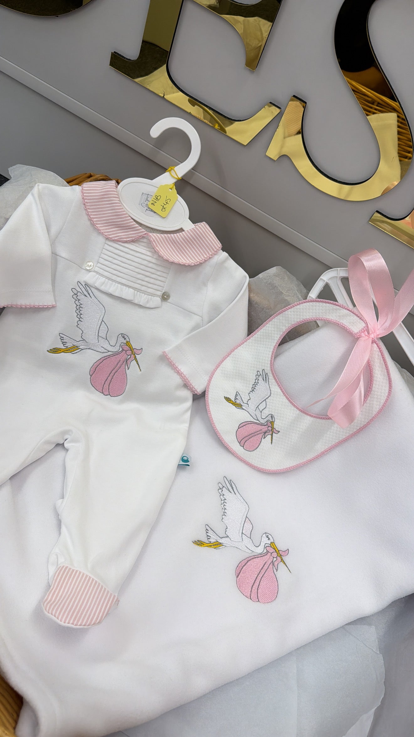 Pink stork babygrow&bib (blanket sold separately)