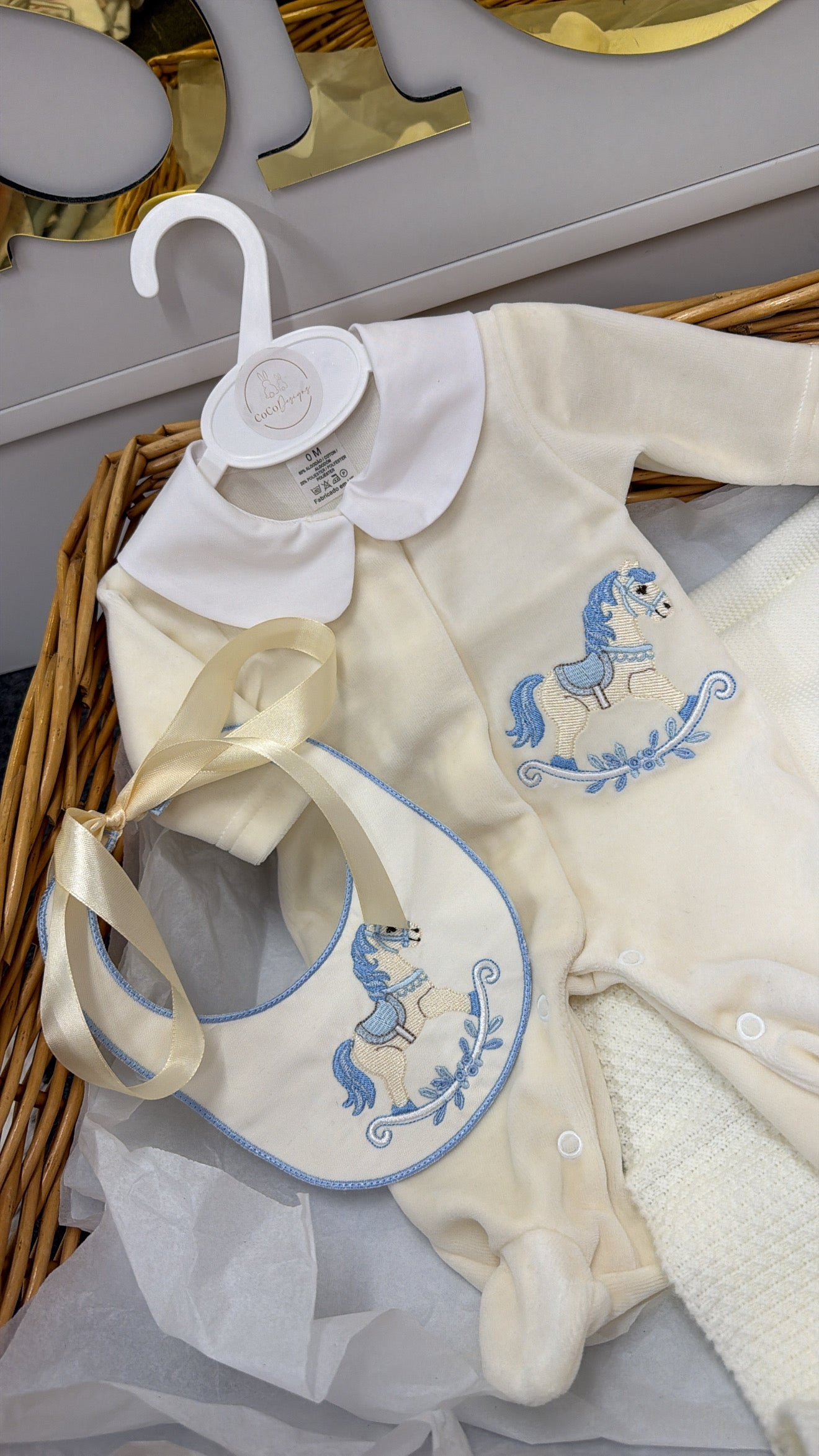 Cream & blue rocking horse full set