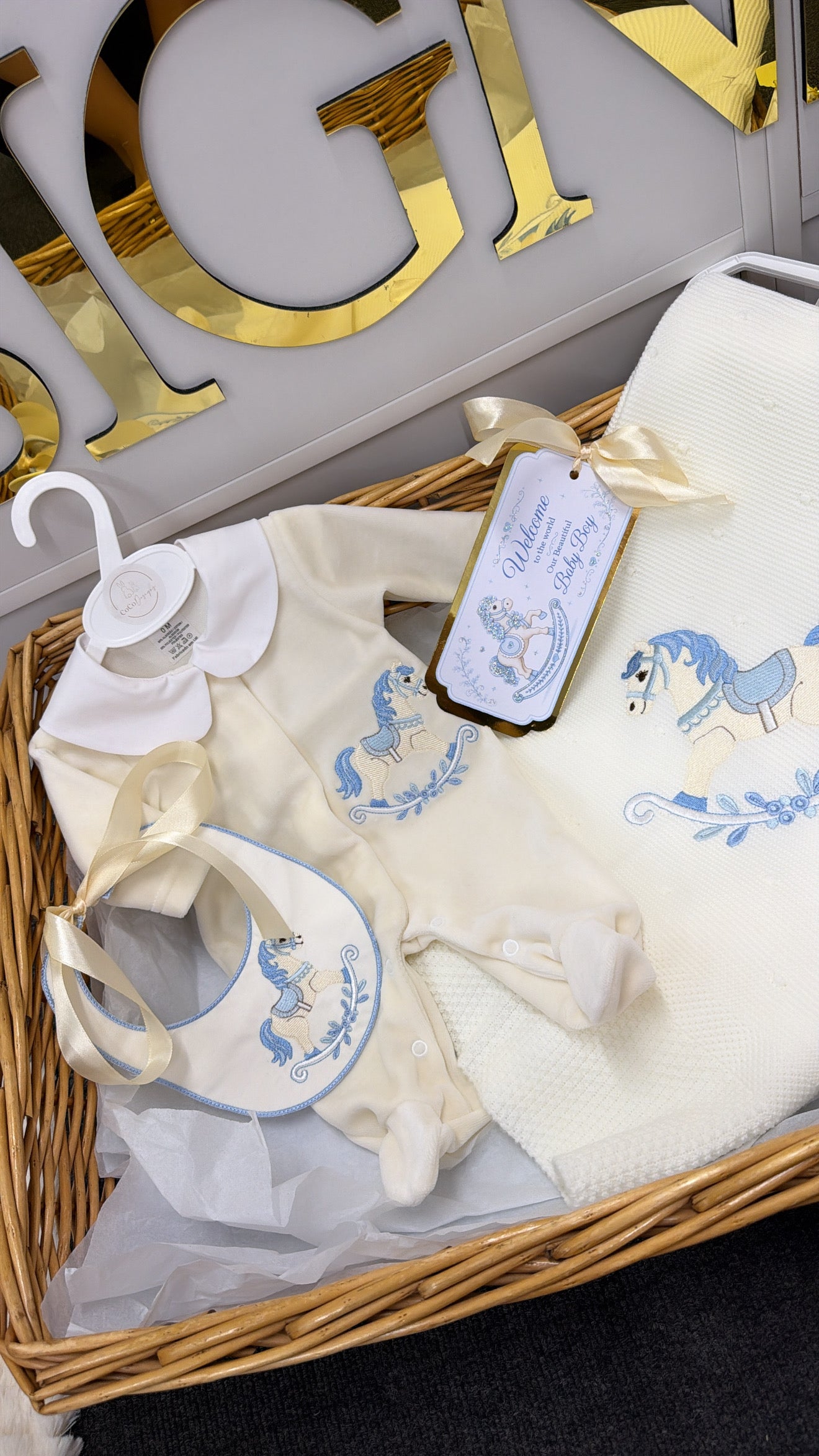 Cream & blue rocking horse full set