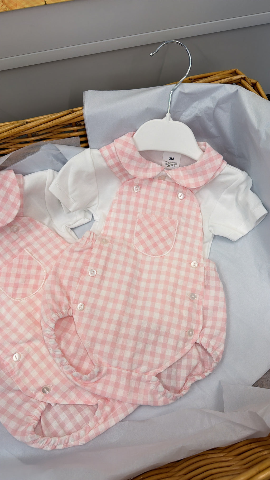 Pink gingham romper and shirt set