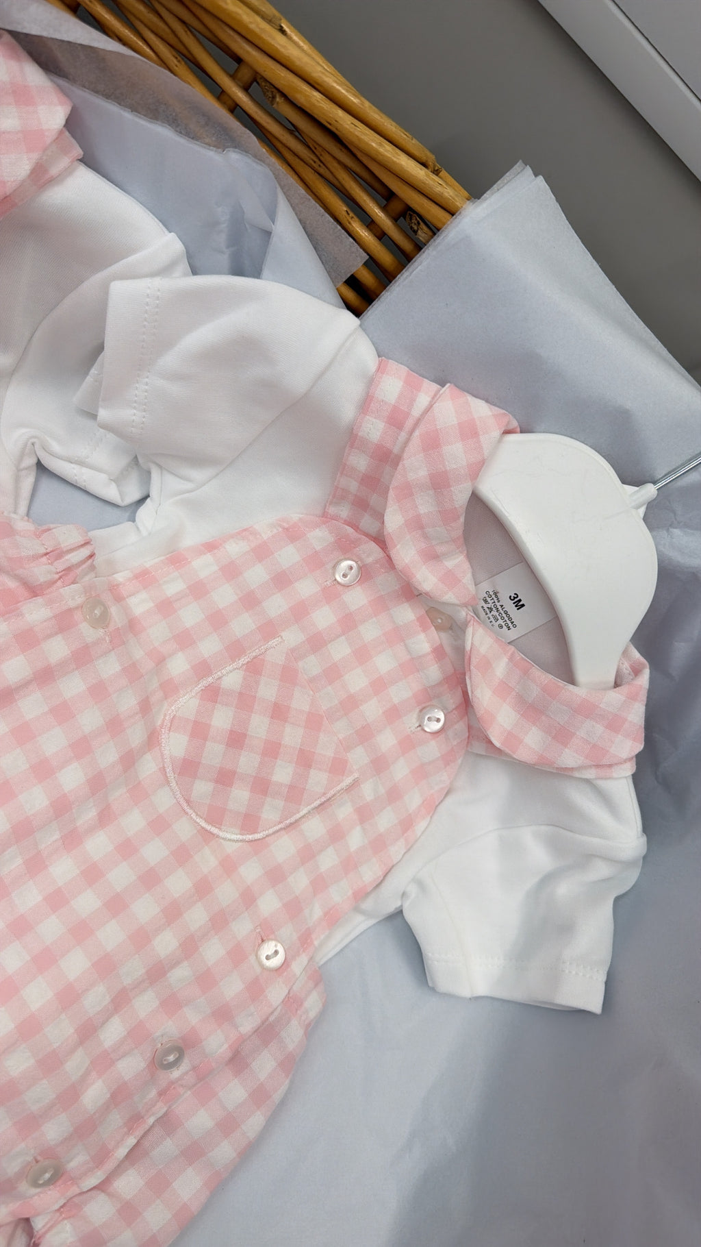 Pink gingham romper and shirt set