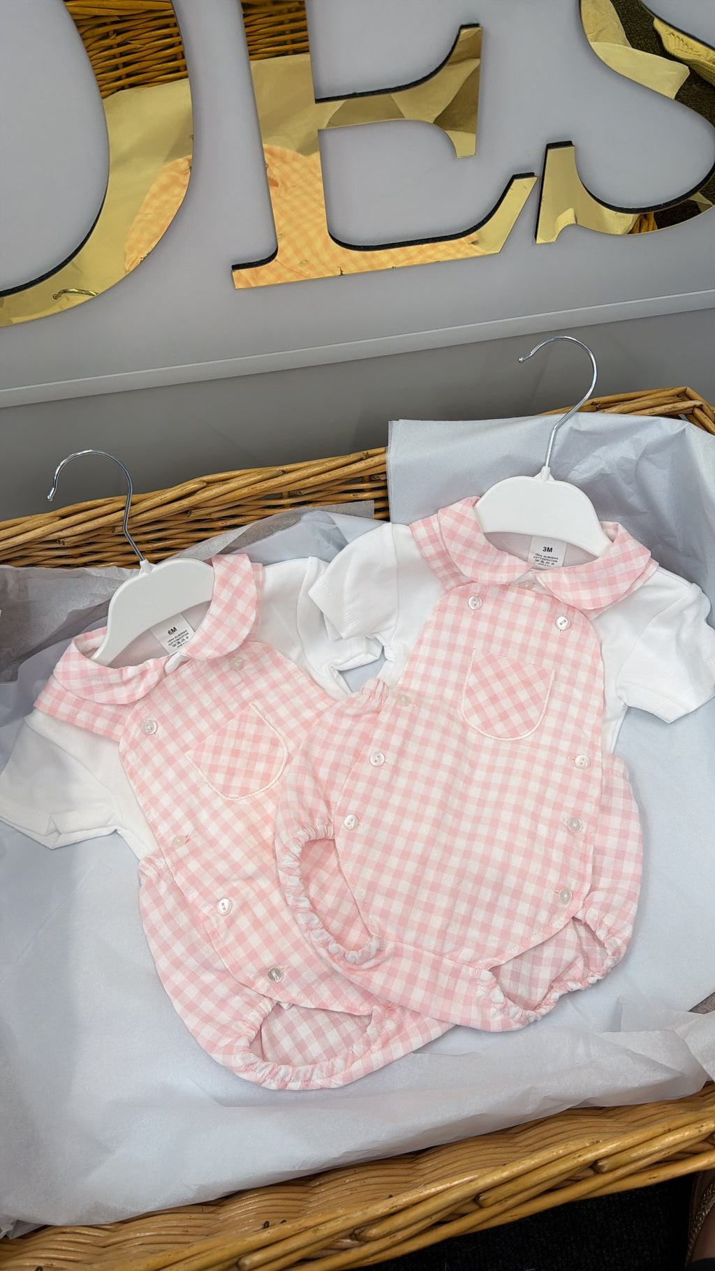 Pink gingham romper and shirt set