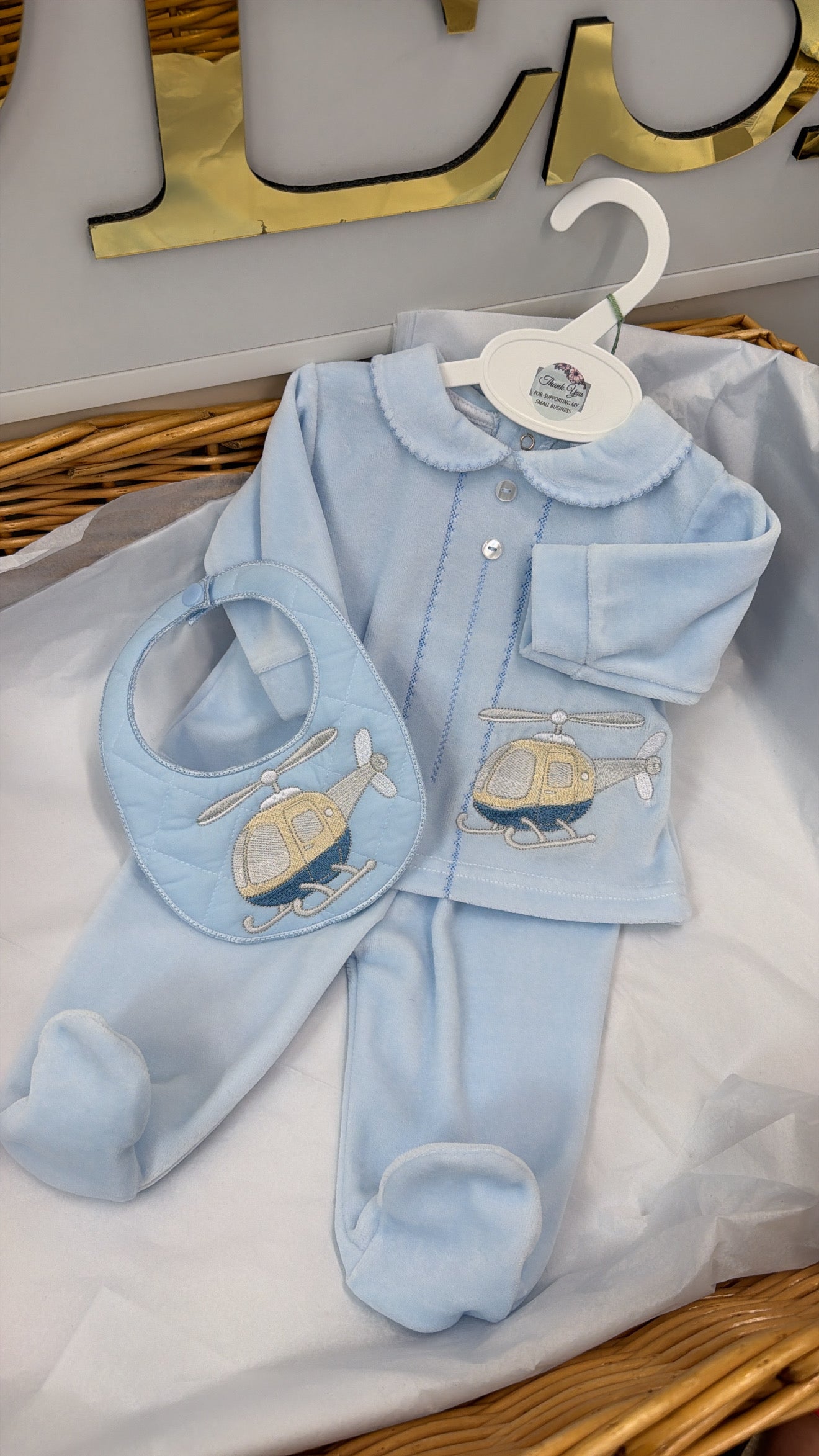 Blue helicopter set including bib