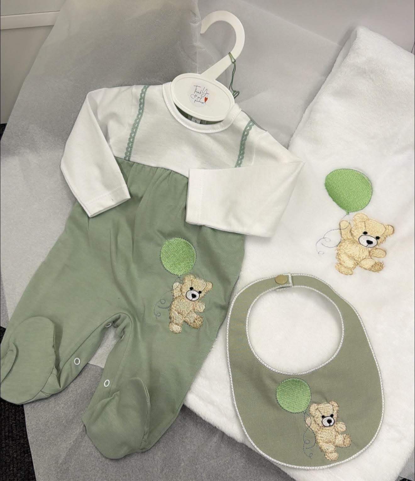Sage Bear Baby Grow and bib( blanket sold separately)